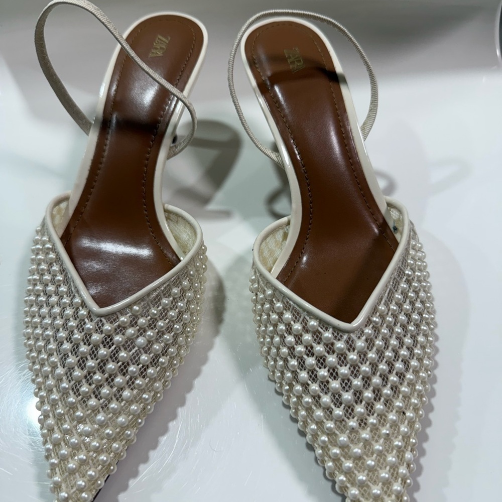 Zara Cream and Brown Heels with Intricate Design